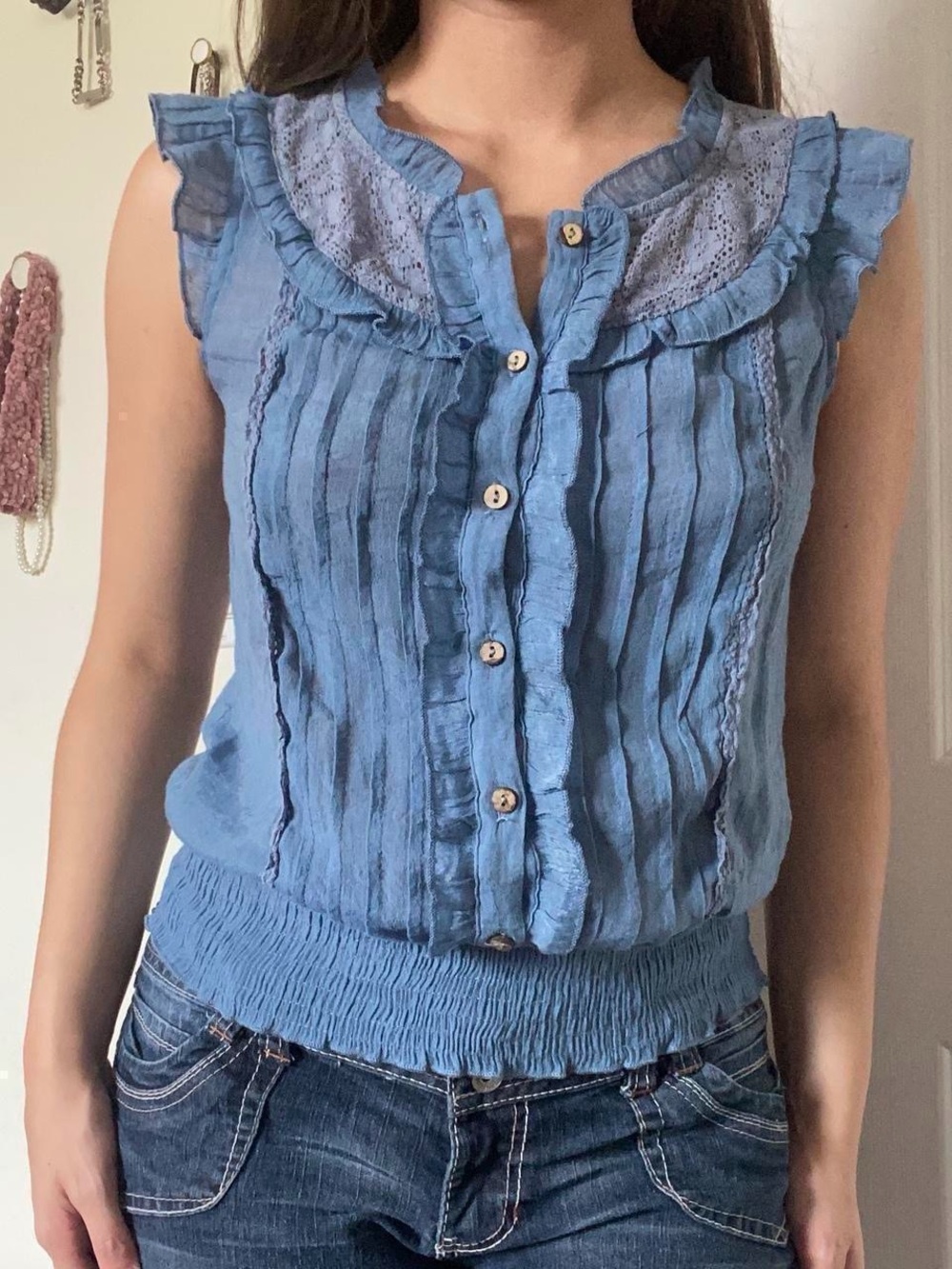 mine Blue Ruffled Pintuck Sleeveless Button Front Top